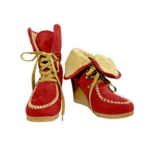 Moccasin Wedge Heel Bootie Women Sz 8 Red Faux Suede Faux Sherpa Lined by Viline